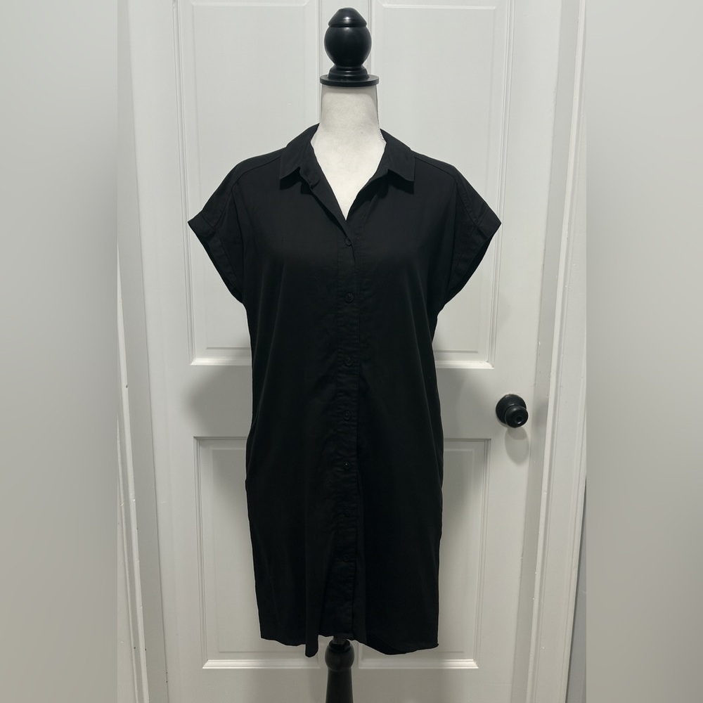 Eileen Fisher Black 100% Organic Cotton Button Up Shirt Dress Size S Lagenlook